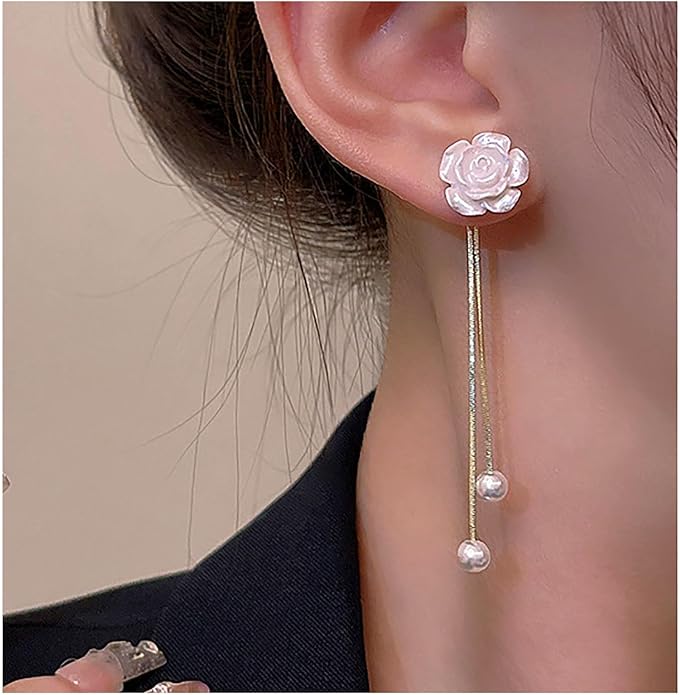 Vintage Flower Pearl Drop Earrings Long Tassel Pearl Earrings White Camellia Stud Earring Gold Pearl Chain Dangle Earrings Jewelry for Women-Velvo Beauty