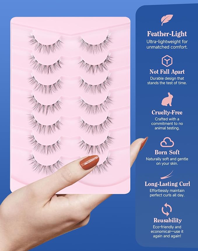 Lashes Natural CLear Band Wispy False Eyelashes Natural Look Flared Strip Eyelash False Eye Lash Soft 7 Pairs Everyday SF-02-Velvo Beauty