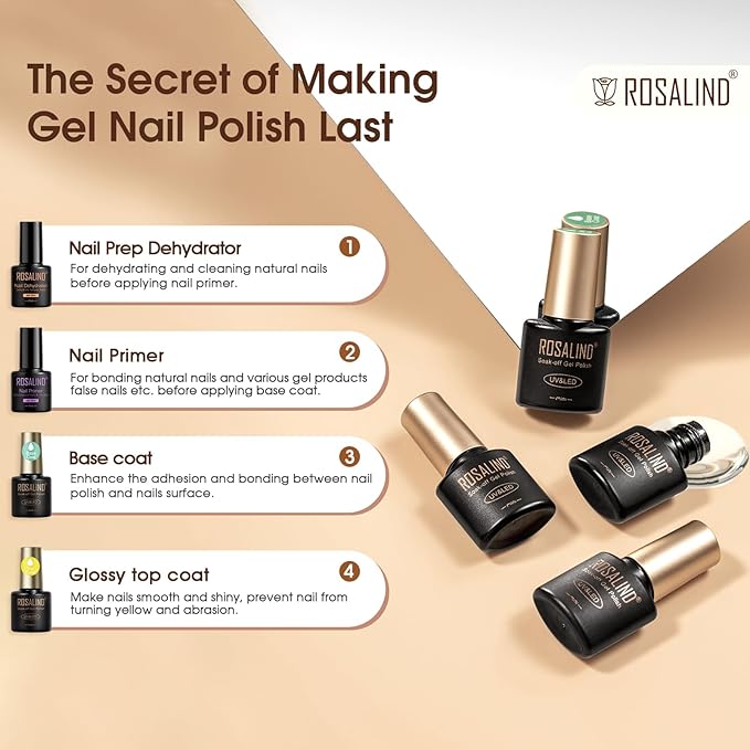 ROSALIND 8 PCS Dehydrator Nail Primer and Top & Base Coats Kit, Nail Strengthening System Superior Protein Bonding, Fast Air Dry for Acrylic Powders Nail Gel Polish-Velvo Beauty