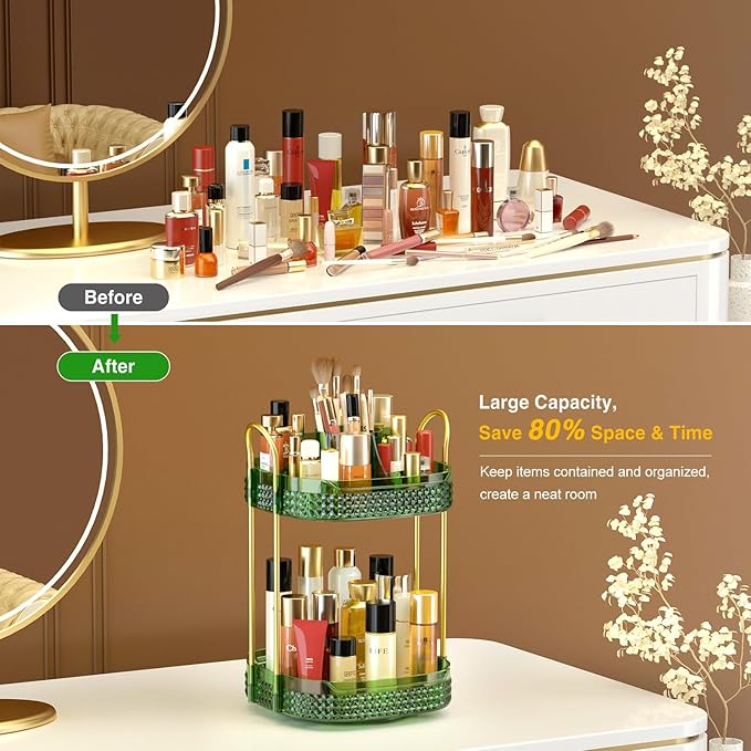 Awenia Rotating Makeup Organizer 360, Stackable Adjustable Large Capacity Cosmetic Storage Unit,Dresser Bathroom Kitchen Countertop Organizer with Metal Handle, Plus Size (Gem Green, 2 Tier)-Velvo Beauty