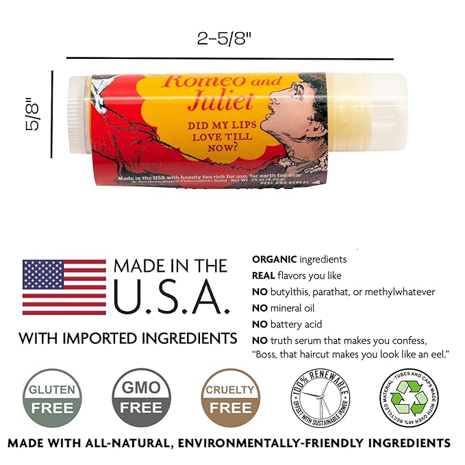 Read My Lips Lip Balm - Full Text of Romeo & Juliet Balcony Scene Under Label, Pear Flavored - Cruelty-Free and Made in the USA from Natural and Imported Ingredients-Velvo Beauty