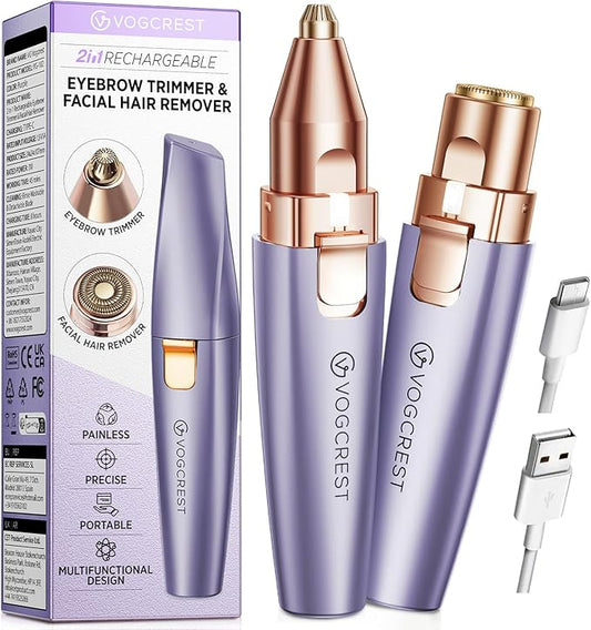 Eyebrow & Facial Trimmer: 2-in-1 Rechargeable Facial Hair Removal & Eyebrow Shaver - Painless Razor with Built-in LED Light (Solar Purple)-Velvo Beauty