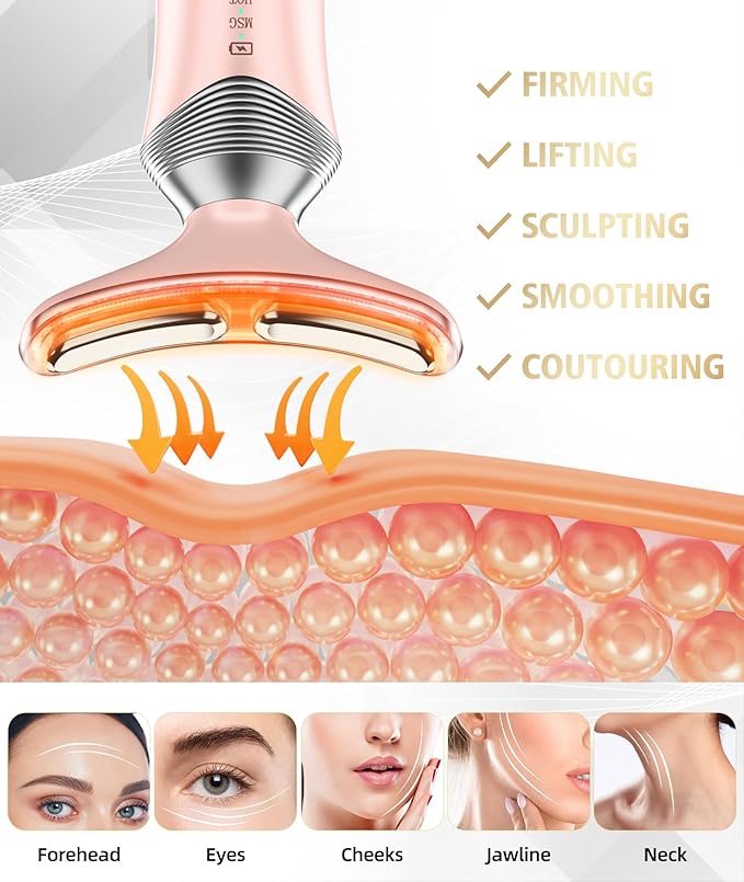 9-in-1 Red-Light-Therapy-for-Face-and-Neck, Portable Facial Massager Tool with Adjustable Vibration & Thermals for Wrinkles, Double Chin, Pink-Velvo Beauty