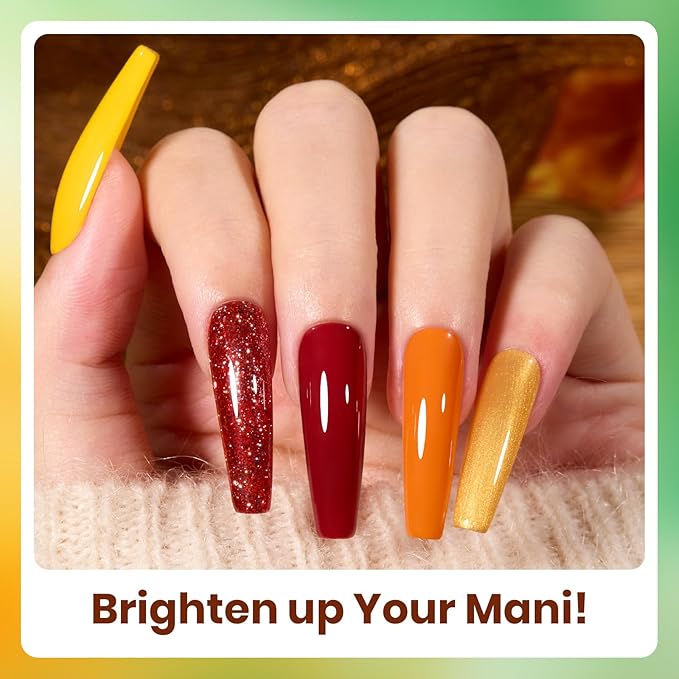 Beetles Fall Gel Nail Polish Set, 6Pcs Yellow Orange Burgundy Red Green Gel Polish Golden Glitter Nails Kit Autumn Realm Collection DIY Nail Art Gifts for Women-Velvo Beauty