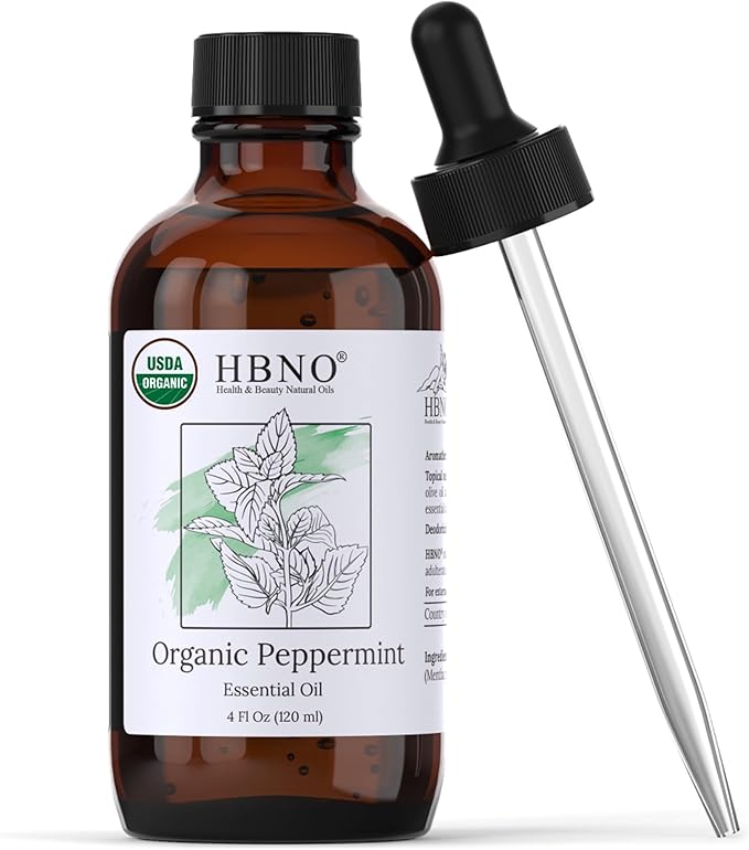 HBNO California Bottled Organic Peppermint Essential Oil (Mentha Piperita) 4 fl oz (120ml) - USDA Certified Organic Peppermint Oil for Hair - Perfect for Aromatherapy-Velvo Beauty