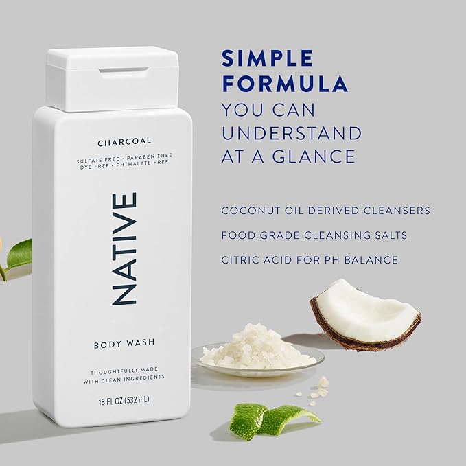 Native Body Wash Contains Naturally Derived Ingredients | For Women & Men, Sulfate, Dye, & Paraben Free Leaving Skin Soft and Hydrated | Charcoal 18 oz - 2 Pk-Velvo Beauty