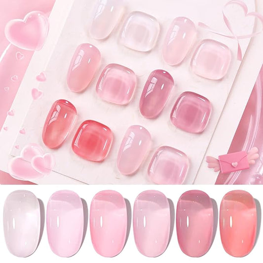 Born Pretty Jelly Gel Nail Polish Sheer Pink Gel Nail Polish Crystal Transparent Milky Gel Polish Kit Nail Art Varnish Collection Gift Set 7ML 6PCS-Velvo Beauty
