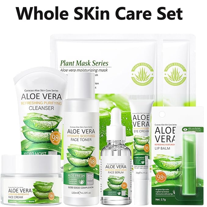 8Pcs Skin Care Products Set, Aloe Vera Skin Care Sets, Skin Care Gift Set for Women Girls, Skincare Routine Set, Face Care Kit with Cleanser, Mask, Toner, Serum, Lip Balm, Eye Cream, Moisturizer-Velvo Beauty