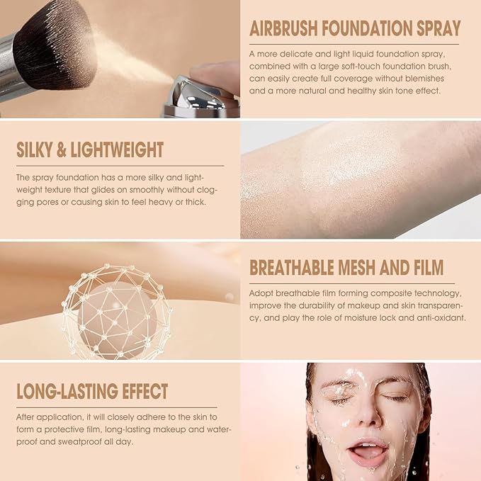 AirBrush Foundation Spray, Silky Mist Foundation Spray Makeup Set with Brush, Full Coverage Foundation for Smooth Radiant Finish, Formula Breathable Lightweight Hydrating | #A01 Ivory-Velvo Beauty