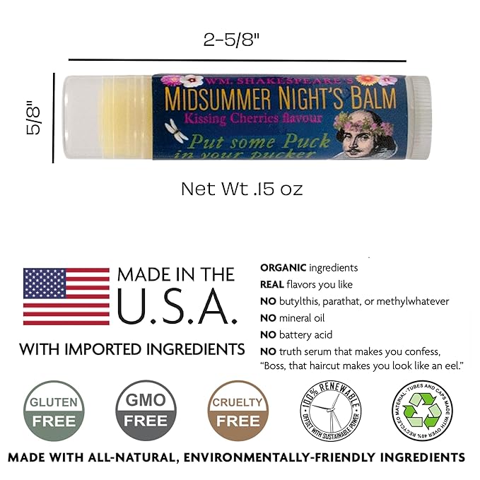 Shakespeare's Midsummer Night's Lip Balm Tube, Cherry Flavored - Cruelty-Free and Made in the USA from Natural and Imported Ingredients-Velvo Beauty