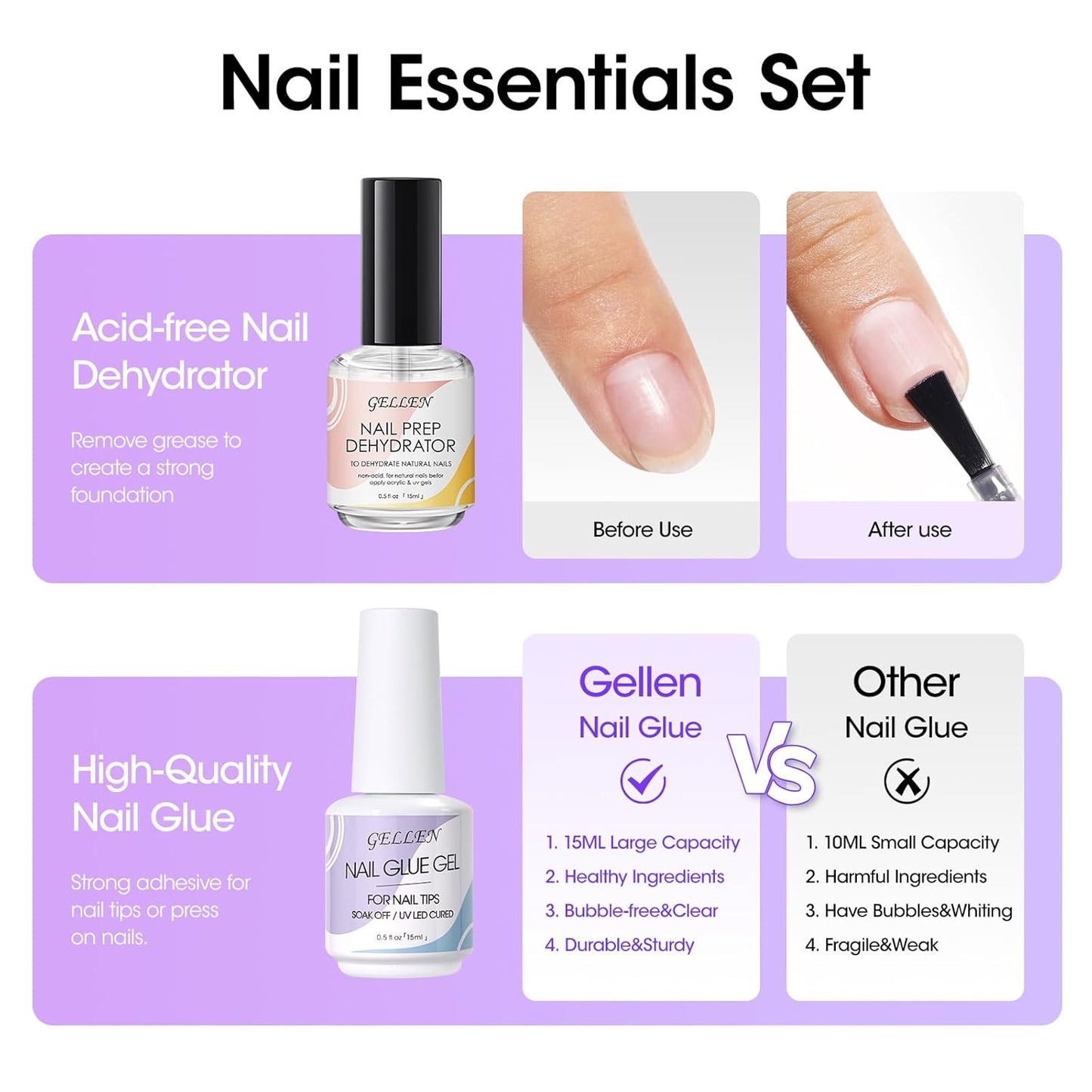 Gellen Gel Nail Glue and Nail Dehydrator, 15ml Nail Gel Glue for False Nail Tips and Clear Press on Nails, Acid Free Nail Prep Dehydrator, Soak Off UV Led Lamp Needed Strong Adhesive Nail Gel-Velvo Beauty