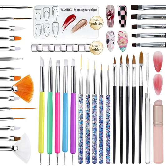 39 PCS Nail Art Brushes Set,Nail Art 3D Sculpting Pen Dotting Tools,Ombre Silicone Brush,Liner Brushes,Acrylic Brushes,Nail Art Palette with Gel Mixing Rod,Nail Design Kit for Home Diy & Salon-Velvo Beauty