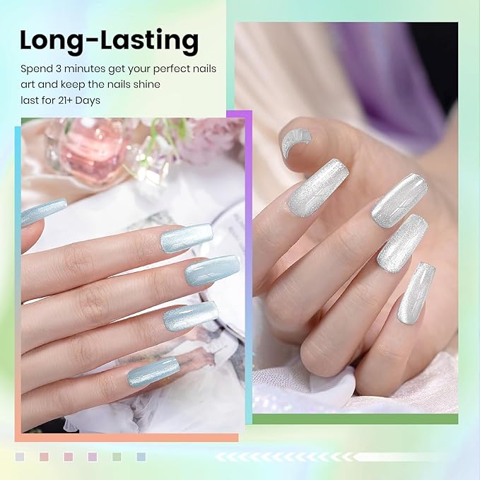 RARJSM Sparkle Diamond Cat Eye Gel Nail Polish Set 6 Colors Nude Pink Milky Jelly Purple Green Blue Silver Glitter Cateye Gel Polish with Magnet Stick UV LED Curing Requires Soak Off Home Salon Diy-Velvo Beauty