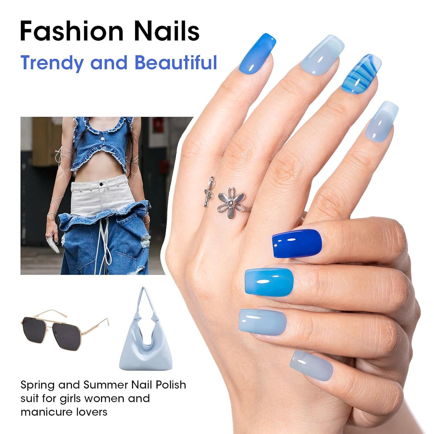 Gellen Blue Jelly Nail Polish, Sheer Nail Polish Quick Dry Summer 6 Colors Blue Glitter Set, Natural Traditional Regular Nails Polish for Acrylic Natural Nails Home Salon, No Gel, Hema Free, Non-toxic-Velvo Beauty