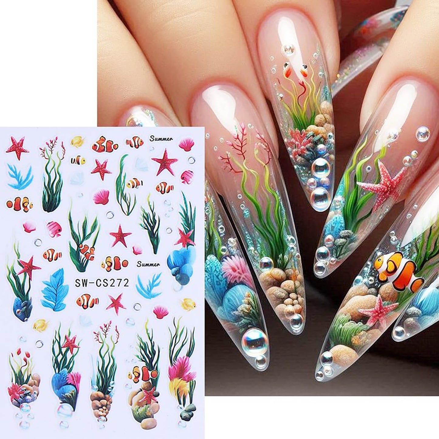6 Sheets Ocean Plant Nail Art Stickers 3D Self -Adhesive Colorful Seaweed Shell Nail Decals Holographic Cute Fish Starfish Bubbles Nail Stickers Summer Nail Decoration for Women Manicure Supplies-Velvo Beauty