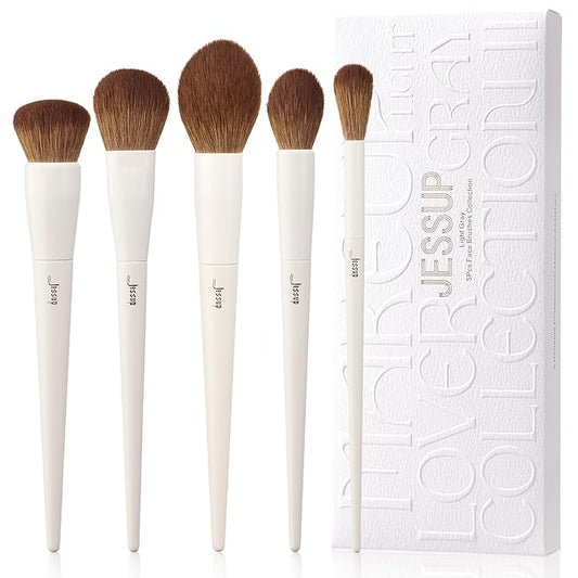 Jessup Makeup Brush Set 5Pcs Face Makeup Brushes Vegan Soft Foundation Brush Blush Brush Bronzer Contour Brush Highlighter Brush Fluffy Setting Powder Brush, Light Grey T493-Velvo Beauty