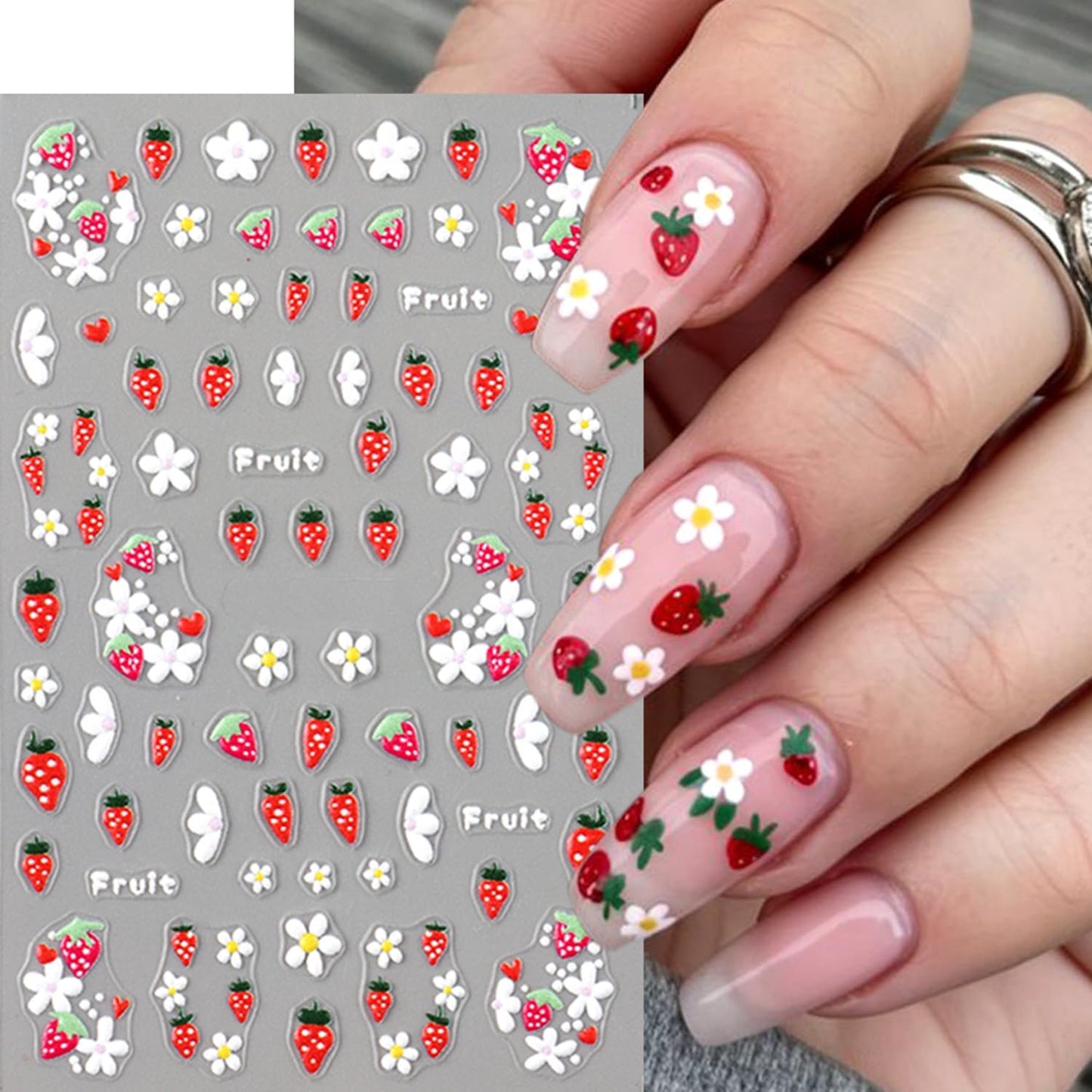5 Sheets Autumn Winter Flower Nail Art Stickers 3D Self-Adhesive Nails Stickers Floral Strawberry Daisy Pattern French Tip Design Wine Red Brown Blue Gold 3D Decals Women DIY Nail Art Decoration-Velvo Beauty