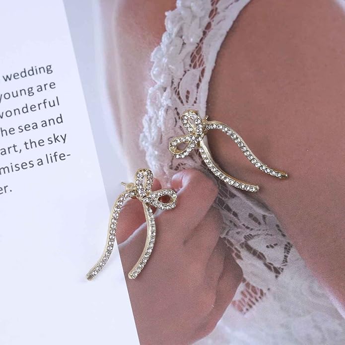 Vintage Crystal Bow Earrings Rhinestone Bow Drop Earrings Long Cz Rhinestone Earrings Gold Bow Cz Stud Earrings Jewelry for Women-Velvo Beauty