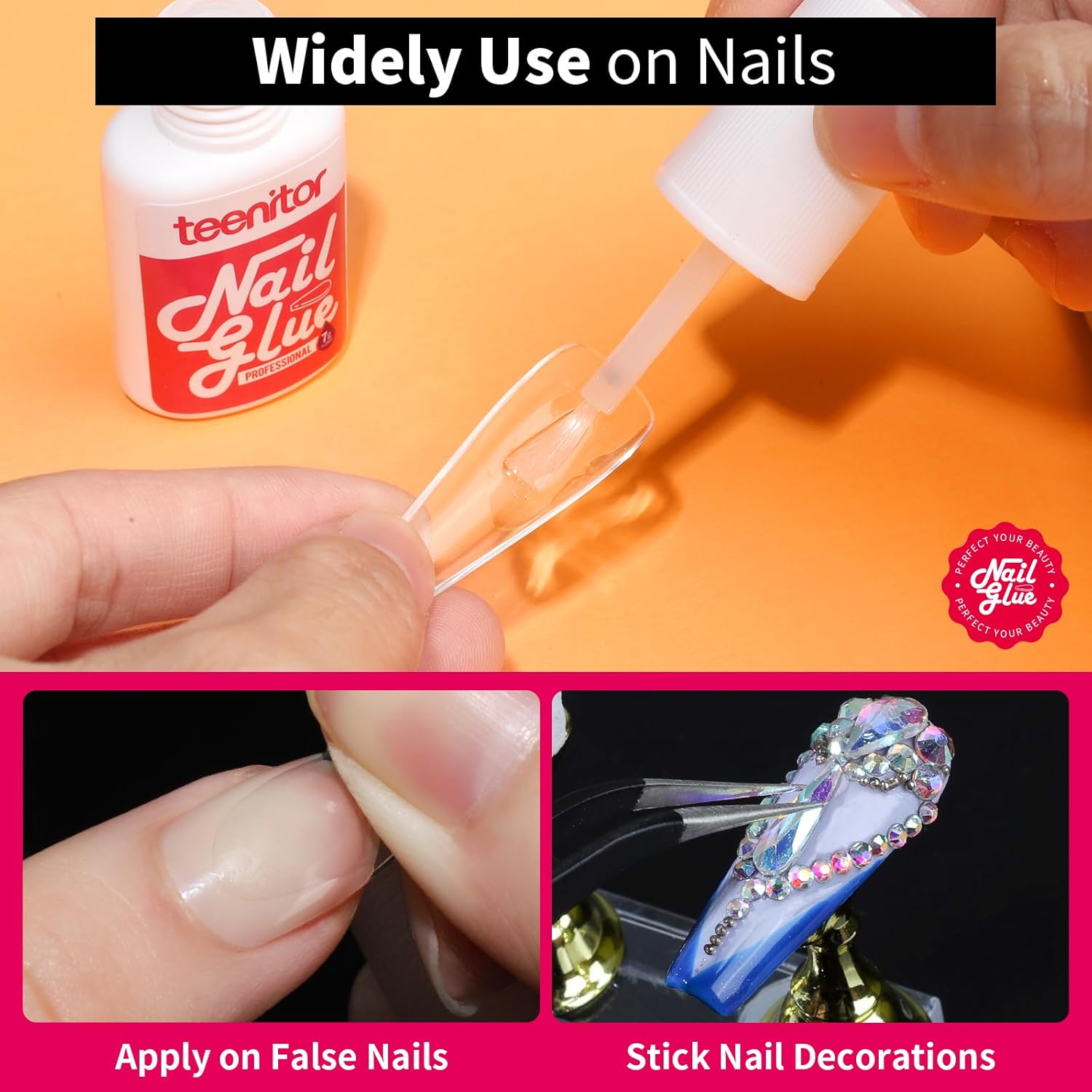 Teenitor Pink Nail Glue, 10 Pack Brush On, Strong for Press Ons & Acrylic Nails, Water Resistant, Fast Drying, No Lamp Needed-Velvo Beauty