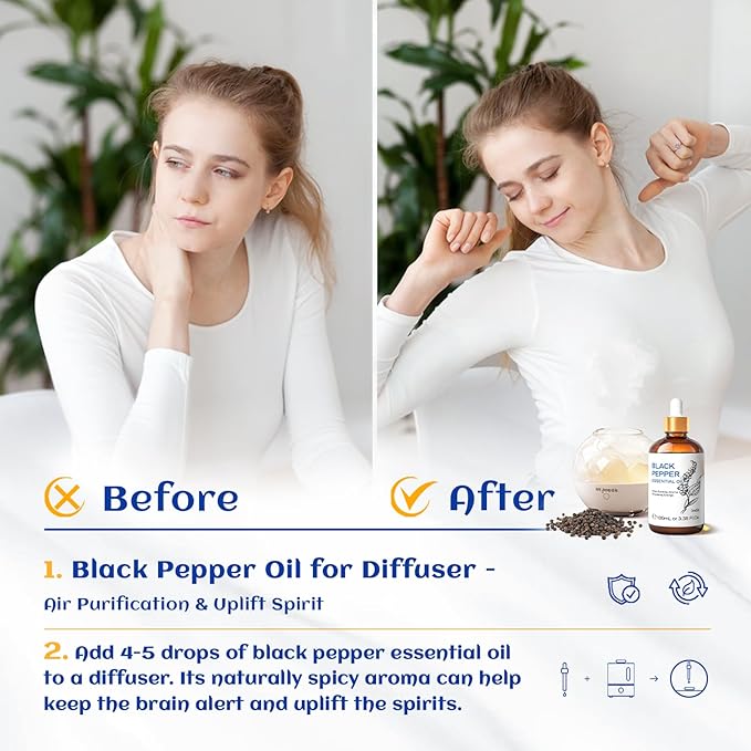 HIQILI Black Pepper Essential Oil for Aromatherapy & Diffuser - Natural Spicy & Warming Scent - Therapeutic Grade - 3.38 Fl Oz-Velvo Beauty