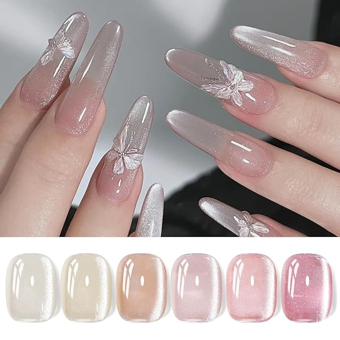 Born Pretty Cat Magnetic Eye Gel Nail Polish Jelly Pink Moonlight Crystal Glass Cat Magnetic Shimmer Glitter Holographic Nail Polish Salon Gel Manicure and Nail Art DIY at Home 7ML 6PCS-Velvo Beauty