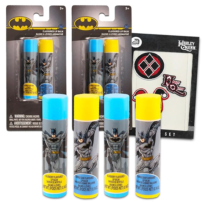 Batman Lip Balm Tube Bundle for Kids – 4 Pack of Batman Lip Balm in Assorted Flavors Plus Stickers for Boys and Girls | Batman Party Favors-Velvo Beauty