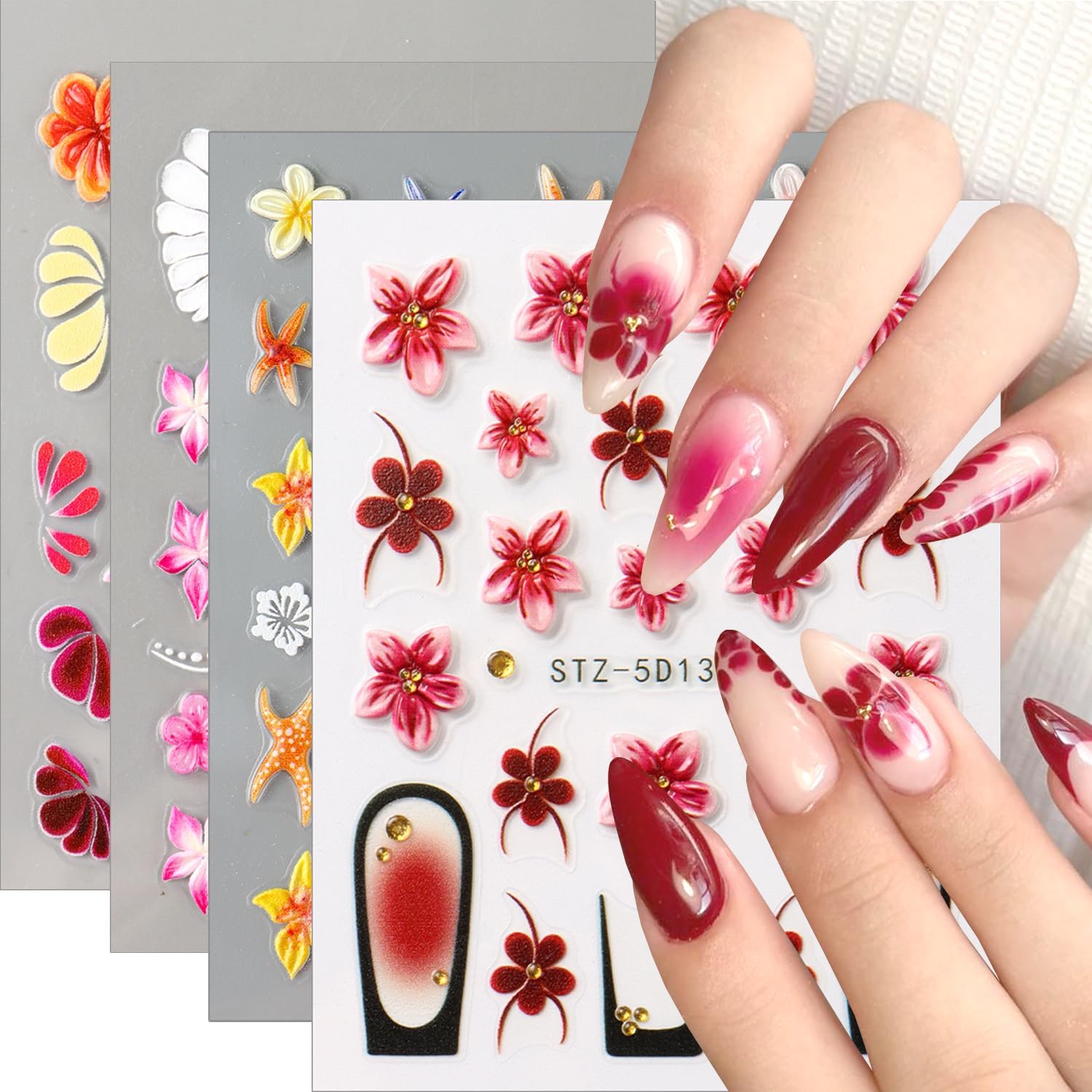 Cute Flowers Nail Art Stickers 5D Embossed Flower Nail Decals with Rhinestones Design Nail Stickers Self-Adhesive Colorful Floral Starfish Nail Decal French Sticker for Women Summer Hawaii Nails Decor-Velvo Beauty