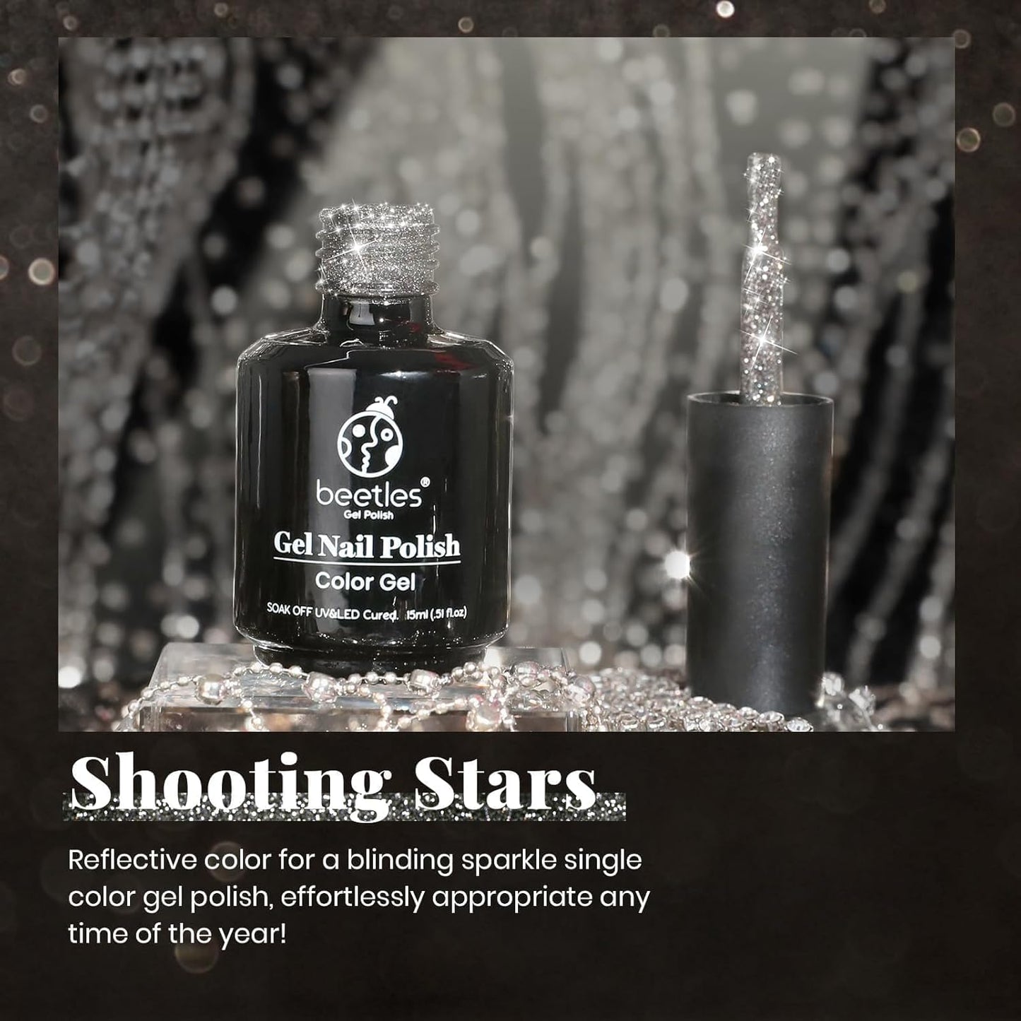 Beetles Black Gel Nail Polish, 1Pcs 15ML Glitter Gel Nail Polish Black Sparkle Reflective Shimmer Color Soak Off UV Lamp Disco Nail Art Manicure Salon DIY at Home Gifts for Her-Velvo Beauty