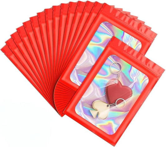 ANZNKU 100 Pcs Smell Proof Mylar Resealable Bags, Holographic Packaging Bags, Resealable Odor Foil Pouch Zip Bags with Clear Window for Food Storage and Lipgloss, Jewelry Lash (Red, 3.9 x 7.1 Inch)-Velvo Beauty
