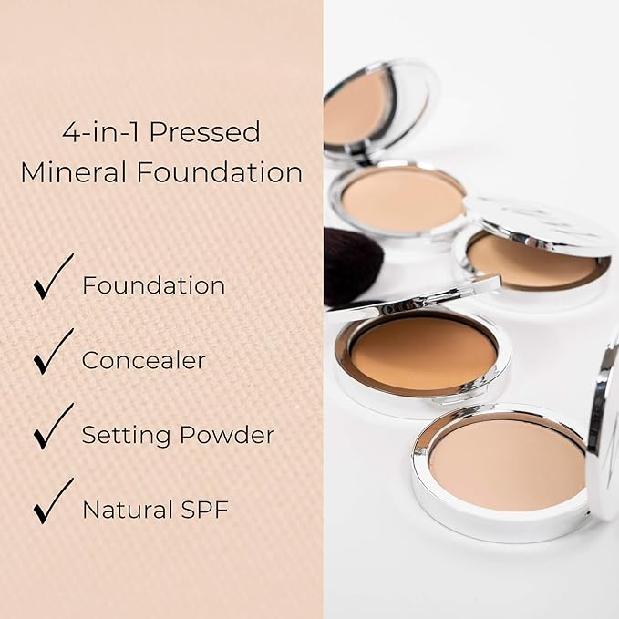 4-in-1 Pressed Foundation Powder with Natural SPF, Concealer & Finishing Powder, Medium to Full Coverage Foundation, Mineral-Based Powder (Eva, 0.35 oz)-Velvo Beauty