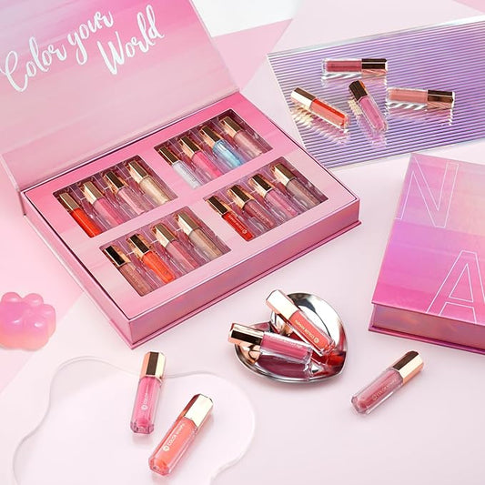 Color Nymph 16 PCS Lip Glosses Collection, Shimmery Lip Glosses for Women and Girls, Long Lasting Color Lip Gloss Set with Rich Varied Colors (Iridescent Pink)-Velvo Beauty