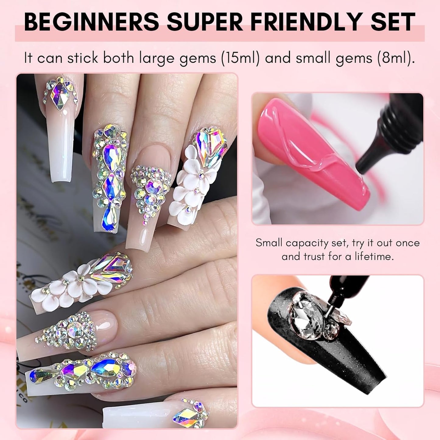 Makartt Nail Rhinestone Glue Set - Gel Nail Glue for Rhinestones, 3D Art Design Super Strong Adhesive for Charm Gems Jewel Crystal Beads Diamonds, 15ml & 8ml, Easy Use, Cured Need-Velvo Beauty