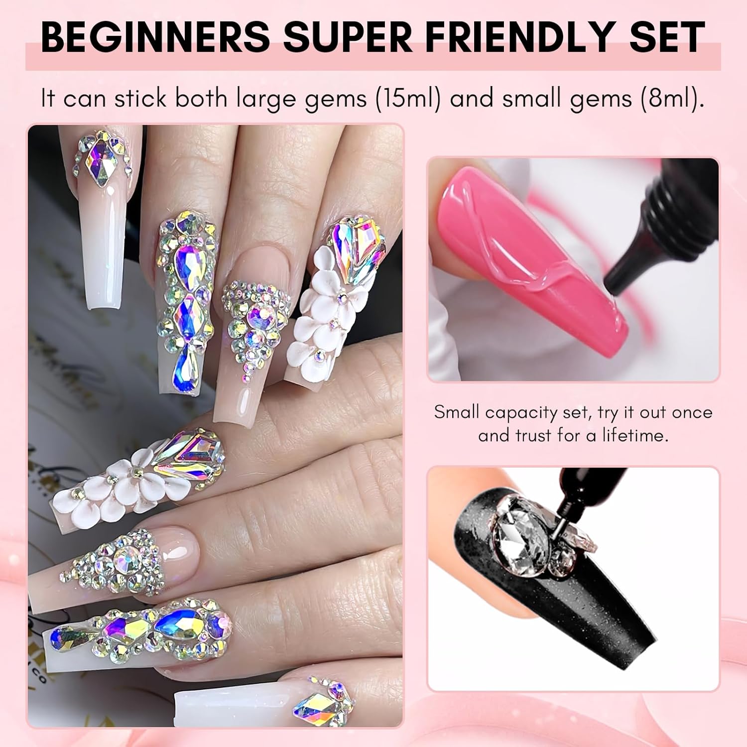 Makartt Nail Rhinestone Glue Set - Gel Nail Glue for Rhinestones, 3D Art Design Super Strong Adhesive for Charm Gems Jewel Crystal Beads Diamonds, 15ml & 8ml, Easy Use, Cured Need-Velvo Beauty