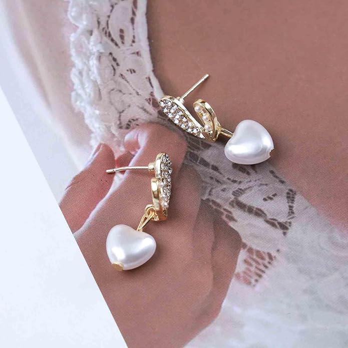 Vintage Crystal Pearl Heart Dangle Earrings Rhinestone Pearl Drop Earrings Gold Cz Pearl Stud Earrings Heart Love Earrings Jewelry for Women-Velvo Beauty