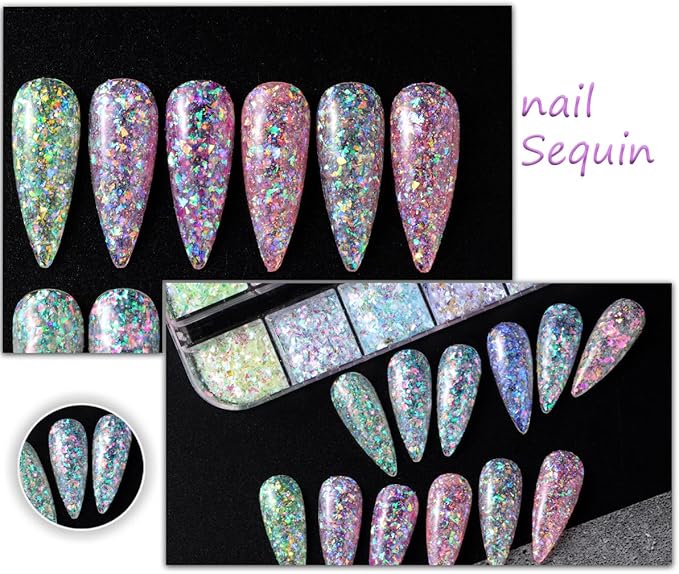 12 Colors Mermaid nail art glitter sequins Iridescent Ice Slag nail glitter flakes Ultra Thin Nail Art Designs 3D holographic nail sequins for Nail Art Supplies Manicure Decoration Accessories-Velvo Beauty