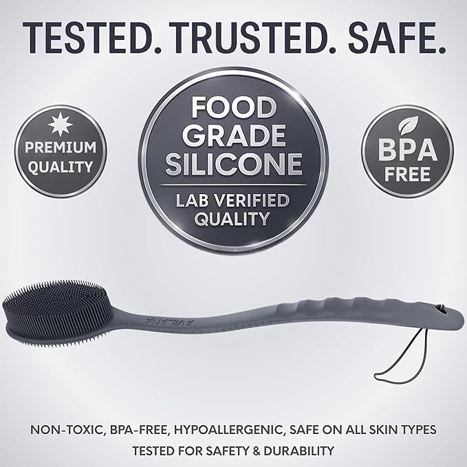 Avilana Silicone Body Scrubber – Gentle Shower Brush & Loofah Alternative- Food Grade & Lab Tested – Fast-Drying, Hygienic, BPA-Free Silicone Body Gentle Exfoliator (Dark Gray, Long Handle)-Velvo Beauty