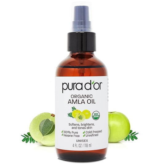 PURA D'OR Organic Amla Oil (4oz / 118mL) 100% Pure USDA Certified Premium Grade Natural Moisturizer, Cold Pressed, Hexane-Free Base Carrier for DIY Skin Care Men & Women, Pack of 1, 0.5 pounds-Velvo Beauty