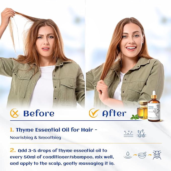 HIQILI 3.38 Fl Oz Thyme Essential Oil, 100% Pure Undiluted for Hair, Skin, Diffuser, Aromatherapy, Includes 10ML Travel Bottle - 100ML-Velvo Beauty