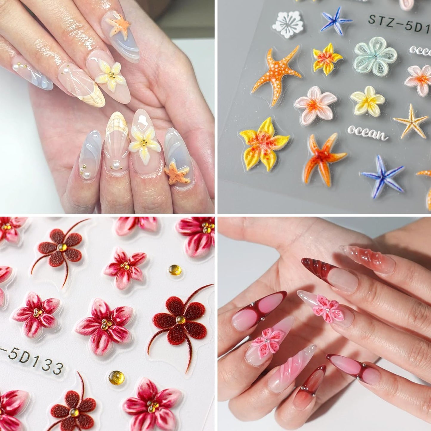 Cute Flowers Nail Art Stickers 5D Embossed Flower Nail Decals with Rhinestones Design Nail Stickers Self-Adhesive Colorful Floral Starfish Nail Decal French Sticker for Women Summer Hawaii Nails Decor-Velvo Beauty