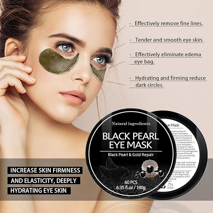 Under Eye Patches, Eye Mask Black Pearl, Puffy Eyes Dark Circles Brighten Treatments, 60PCS Collagen Under Gel Pad for Lighten Wrinkles Anti-Aging, Fine Lines Eye Bags Women Men-Velvo Beauty