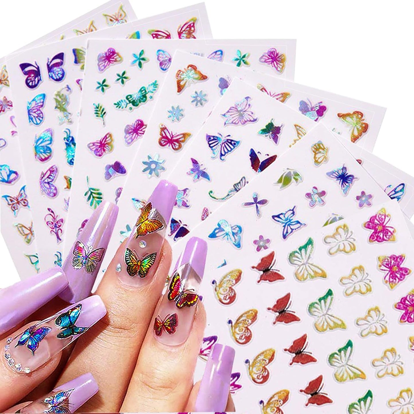16 Sheets Butterfly Nail Art Stickers 3D Colorful Butterfly Self-Adhesive Design Nail Decals Pegatinas Uñas Holographic Laser Butterfly Nail Supplies for Women Acrylic Nail Art Decoration Accessories-Velvo Beauty