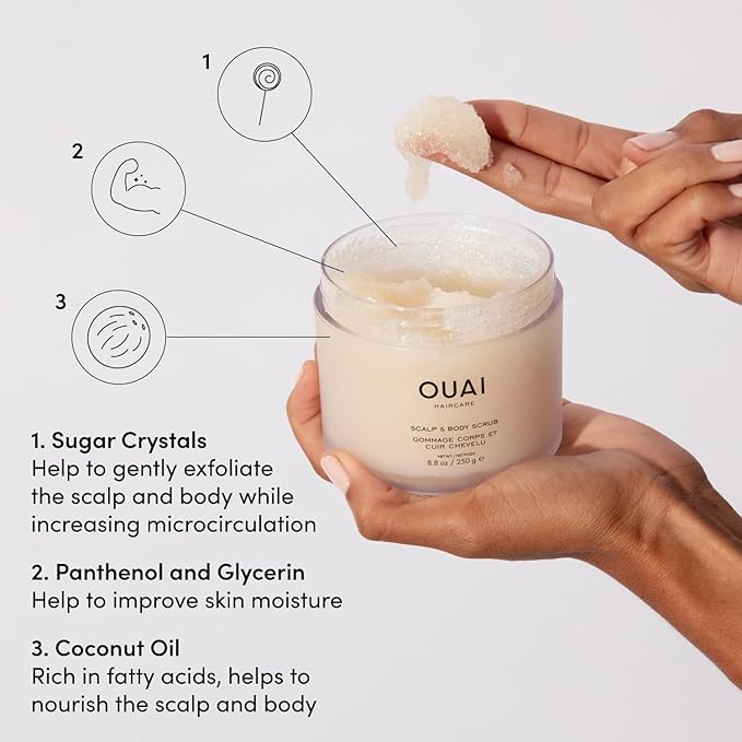 OUAI Scalp & Body Scrub, Melrose Place - Exfoliating Body Scrub with Sugar & Coconut Oil Blend for Smooth, Moisturized Skin - Gentle Scalp Exfoliator for Removing Product Build Up (8.8 Oz)-Velvo Beauty