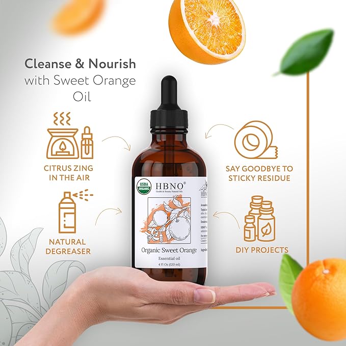 HBNO Organic Orange Essential Oil - Huge 4 oz (120ml) Value Size - USDA Certified Organic Orange Essential Oil, Cold Pressed for Aromatherapy, Soap Making, DIY, Diffuser-Velvo Beauty