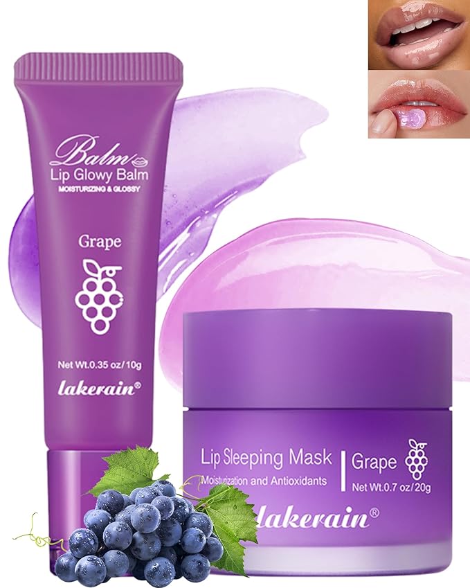 2Pcs Lip Glowy Balm & Lip Sleeping Mask Set,Hydrating Nourishing Repair Sleeping Lip Mask,Glossy Tinted Lip Balm,Day & Night Smooth Cracked Chapped Dry Lip,Lip Care Therapy Treatment for Women-04Grape-Velvo Beauty