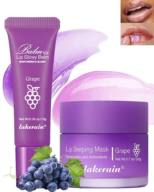 2Pcs Lip Glowy Balm & Lip Sleeping Mask Set,Hydrating Nourishing Repair Sleeping Lip Mask,Glossy Tinted Lip Balm,Day & Night Smooth Cracked Chapped Dry Lip,Lip Care Therapy Treatment for Women-04Grape-Velvo Beauty