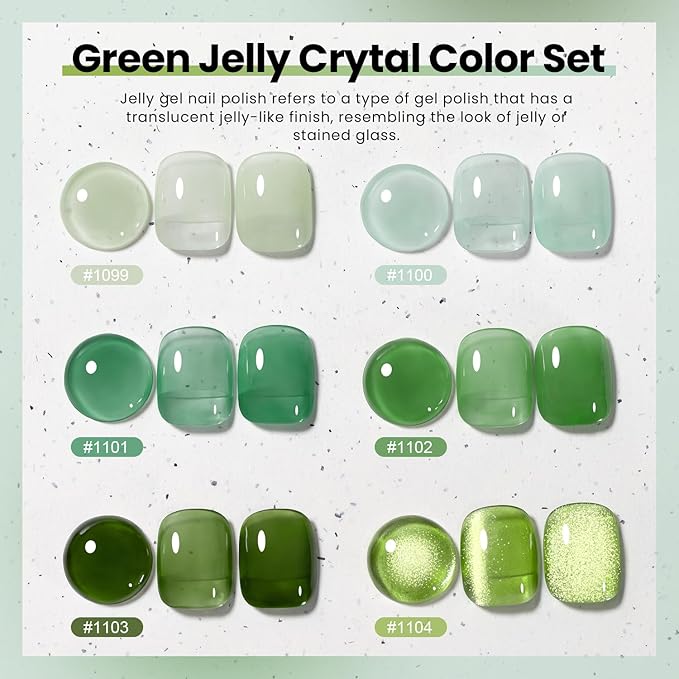 RARJSM Green Jelly Glass Gel Nail Polish Set 6pcs Clear Crytal Army Dark Jade Sage Green Transparent Sheer Amber Series Milky Diamond Cat Eye Gel Varnish LED UV Curing Requires-Velvo Beauty