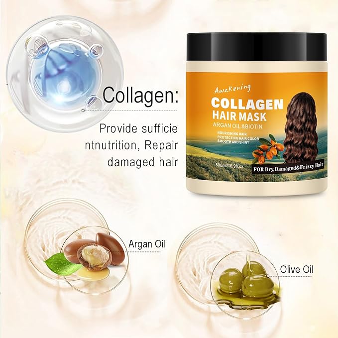 Hair Mask Deep Treatment Conditioner Collagen Protein Argan Oil Biotin Repair For Dry Damaged Frizzy Curly All Hair Types(16.9 Fl Oz/500ml) (collagen)-Velvo Beauty
