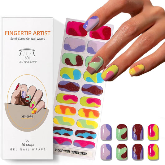 Semi Cured Gel Nail Strips with Colorful Designs Gel nail stickers Glossy Nail strips Salon Quality & Easy to Use 20 Pcs for Women-Velvo Beauty