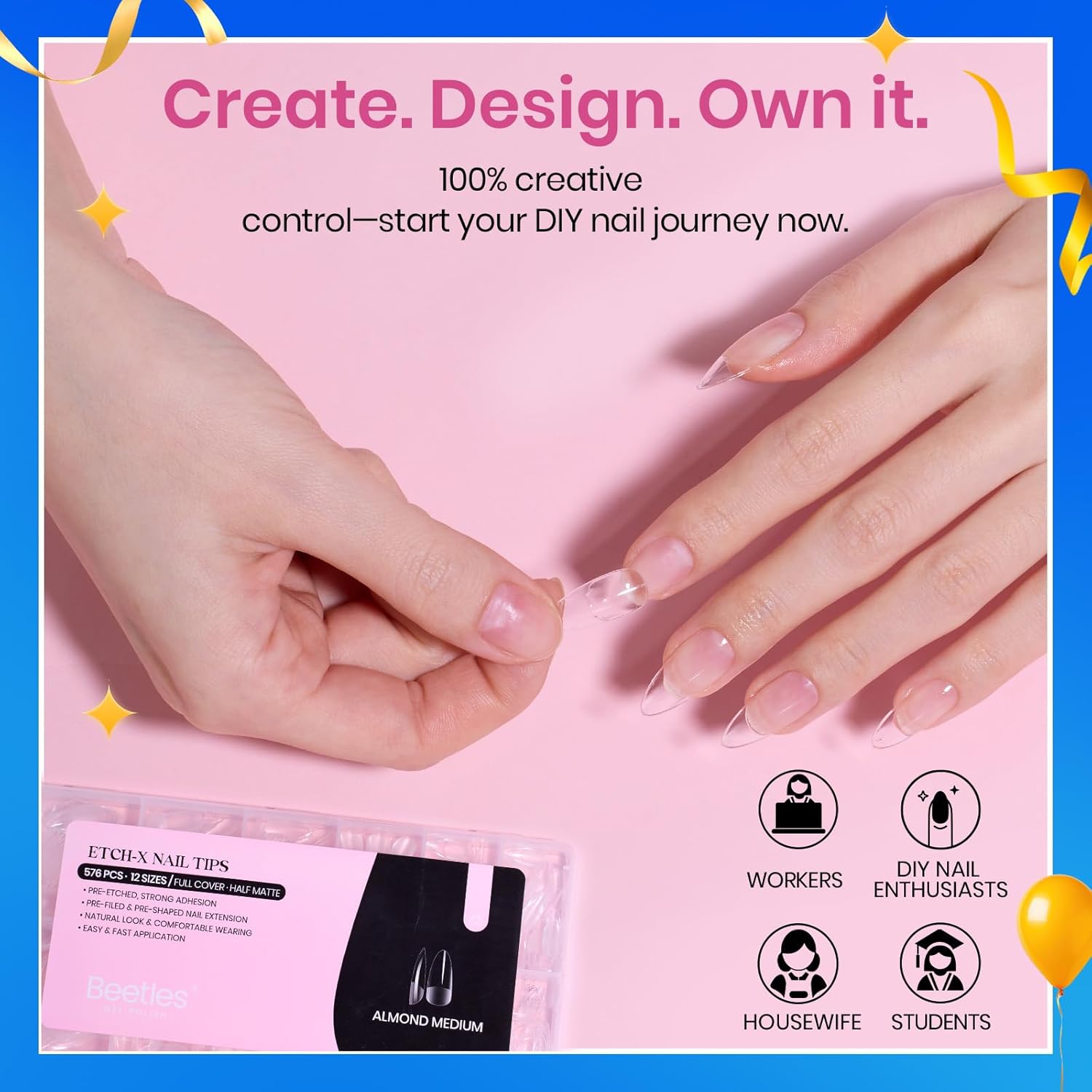 Beetles Medium Almond Nail Tips 576pcs 12 Sizes, Pre-Etched Soft Gel Nail Tips Half Matte Full Cover False Nail Tips Clear Acrylic Nails Glue on Nails DIY Nail Extension Gift for Women-Velvo Beauty