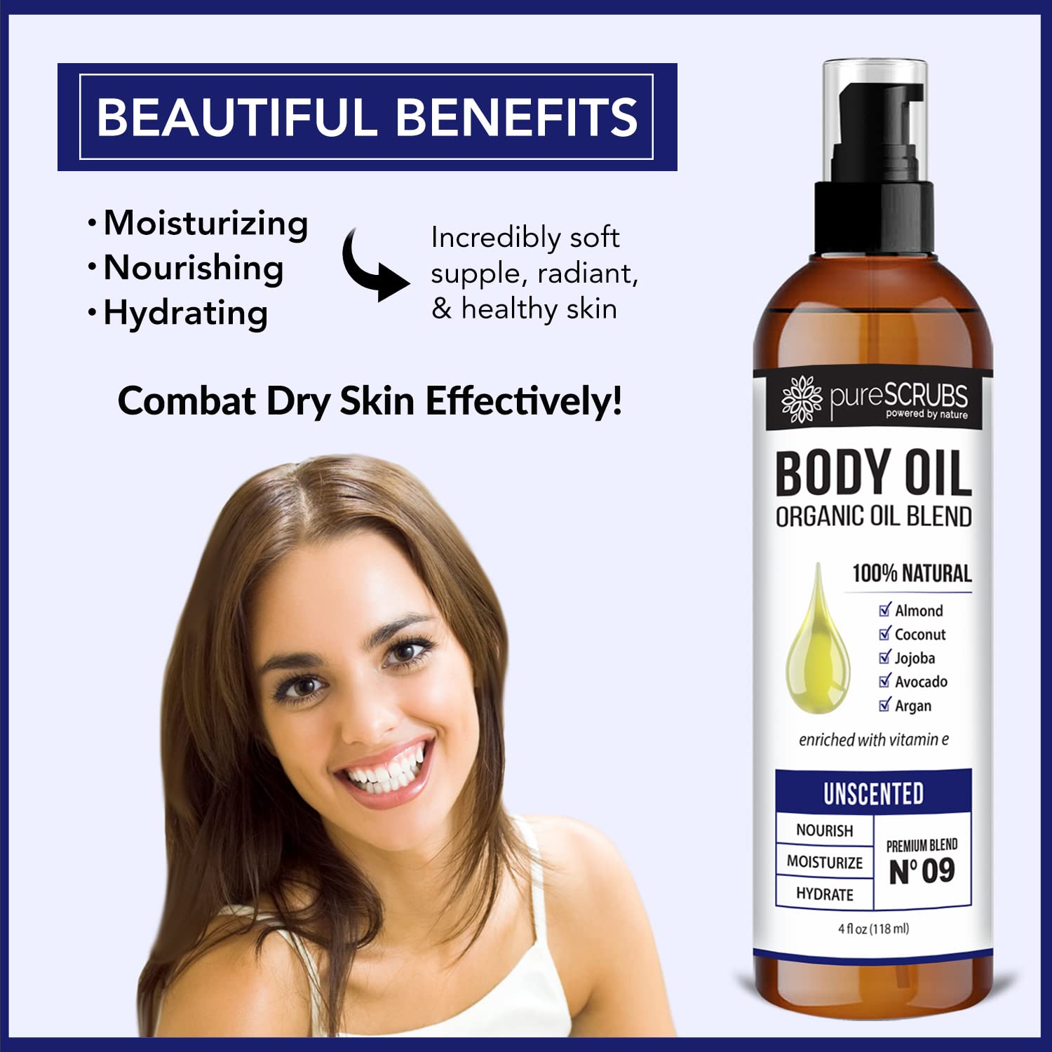 pureSCRUBS Ultra Moisturizing Unscented Body Oil Spray for Dry Skin, Massage, Stretch Marks, Organic Super Blend of Jojoba, Argan, Coconut, Sweet Almond & Avocado Oils Enriched with Vitamin E, Lg 4oz-Velvo Beauty